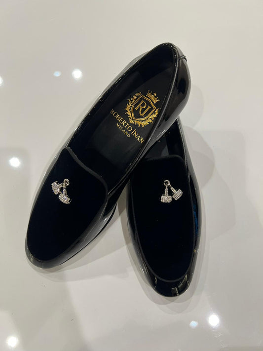 Smoking-Loafer Samt Schwarz mit Kristall-Anhänger