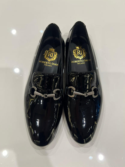 Smoking-Loafer Lack Schwarz mit Kristall-Trense